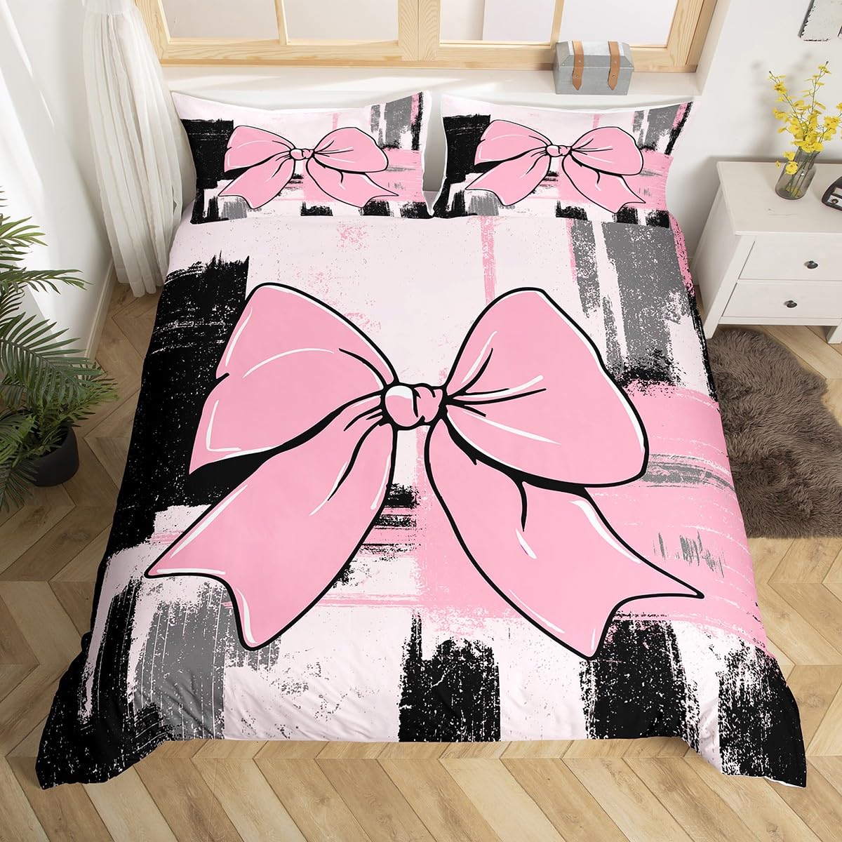 Homemissing Abstract Duvet Cover Set Cot Size Pink Black Bow Bedding Set for Teens Bedroom Decor Geometric Bowknot Duvet Cover with 1 Pillowcase Women Men Modern Art Bedclothes — image 1