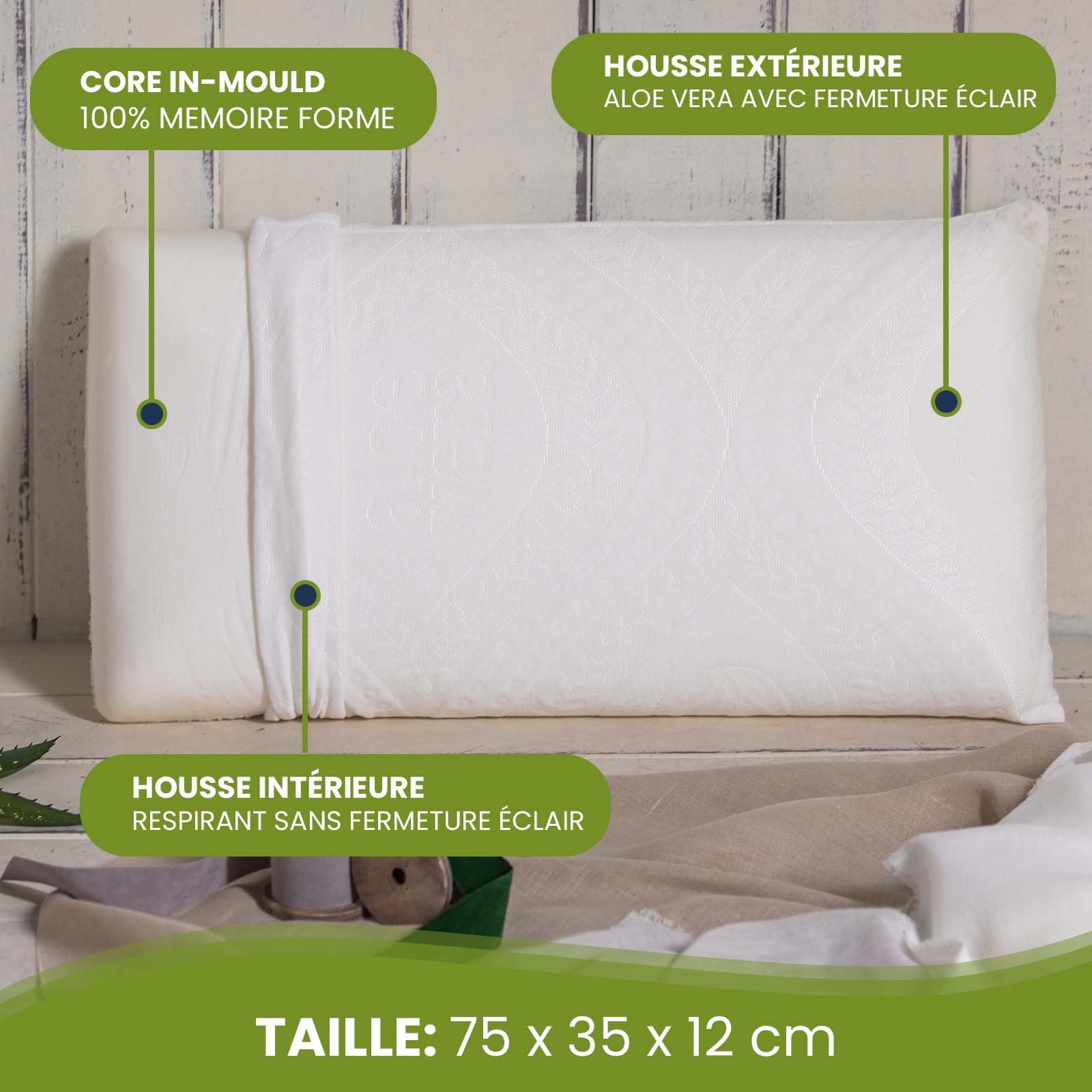 Oreiller Mémoire De Forme Valentia 60cm - Ergonomique Cervical - Housse Aloe Vera Lavable - Fabriqué En Espagne
