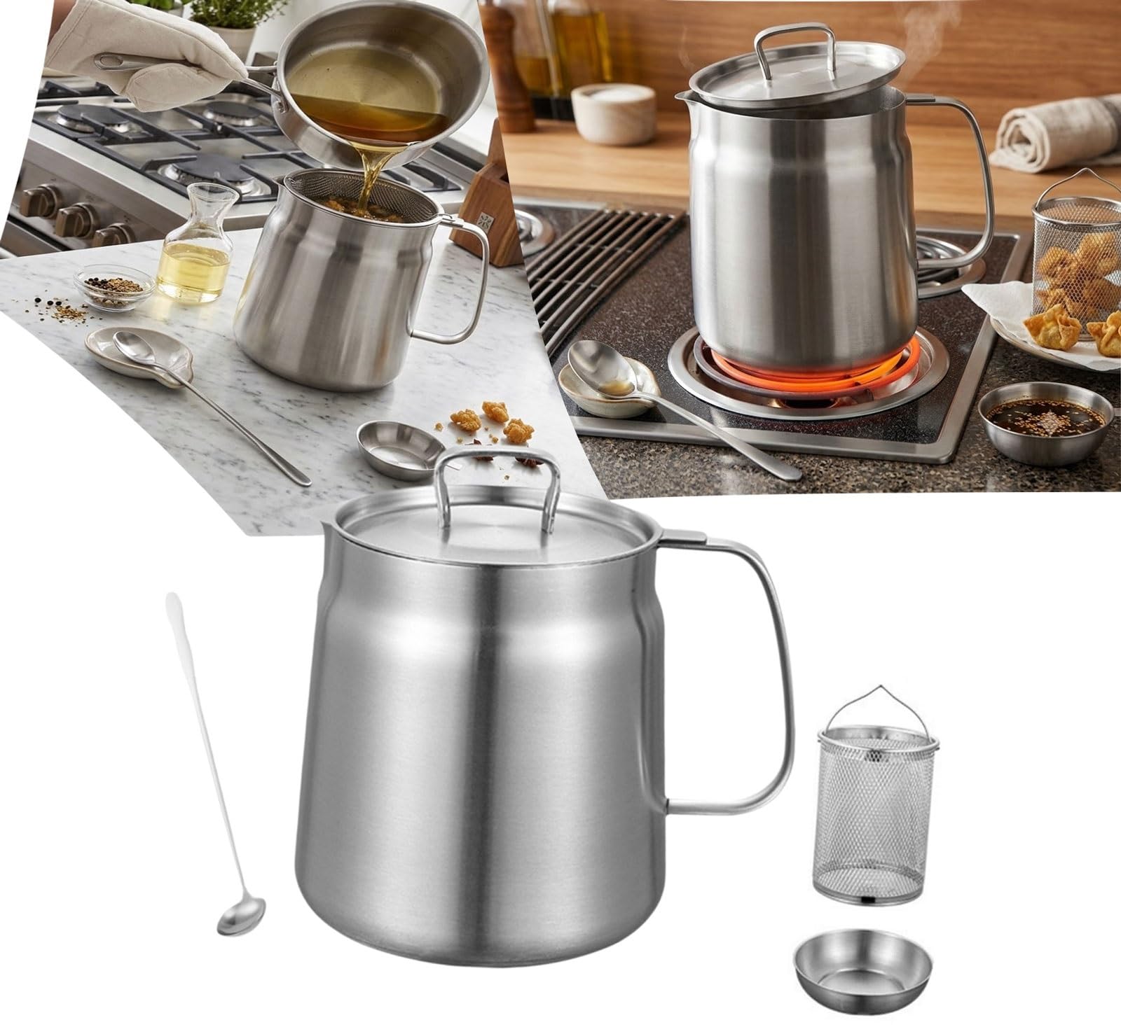 Genérico Olla Colador De Aceite Multifuncional 2 En 1, Freidora De 1.5 L (51 Oz) Con Cesta, Filtro De Malla Fina Y Cucharón De Acero Inoxidable Gratis