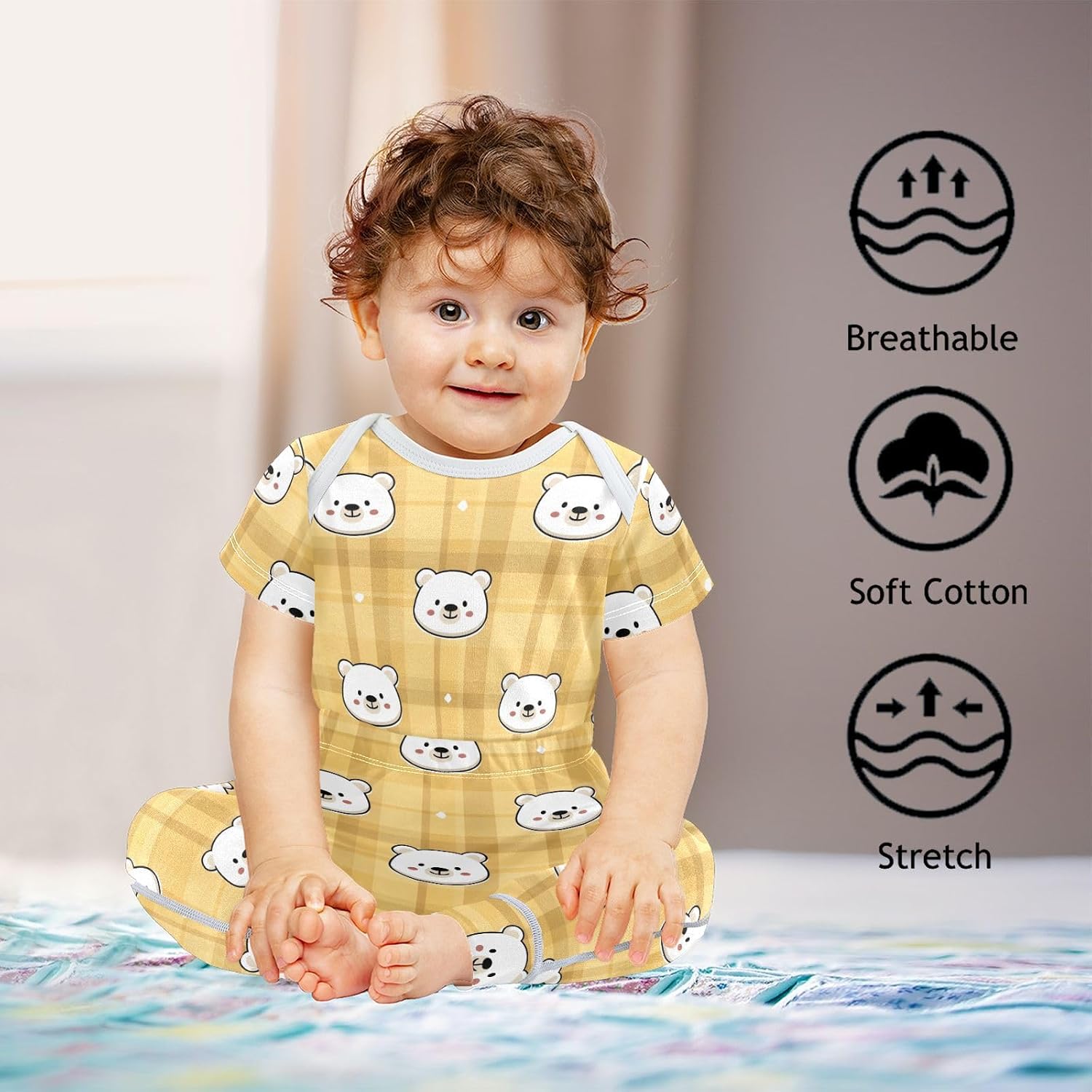 vvfelixl Baby Clothes Cute White Bear Head Baby Bodysuits Set Unisex Short Sleeve Babys Pants Sets 0-3M