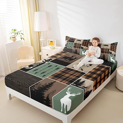 Miniatura 185 de Sábana bajera ajustable de oso de caza, juego de ropa de cama a cuadros de búfalo, sábanas de retazos de cabaña rústica para niños, niños, Multi