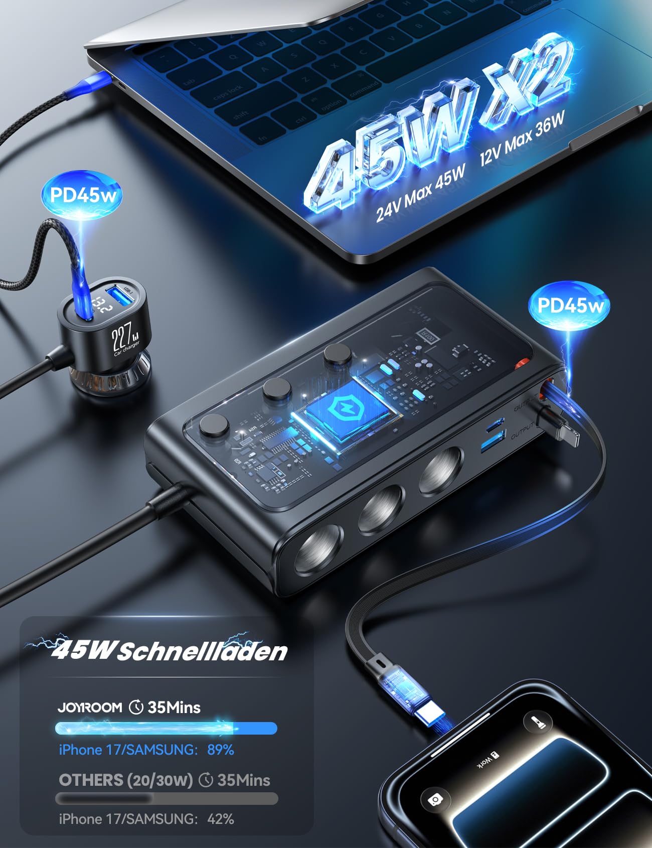 JOYROOM 227W Zigarettenanzünder Verteiler 9 in 1, Auto KFZ Ladegerät Adapter mit 80cm einziehbare 45W Typ-C & Lightning Schnellladekabel, 3 Fach 12V/24V Stecker mit Separatem Schalter für iPhone 17