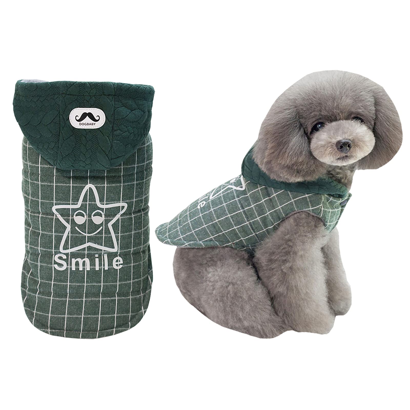 IzefiaDog Coat Cold Weather Coat Windproof Jacket Fleece Warm Dog Hoodies Smile Star Plaid Winter Thick Clothes Dog Coat for Small Dog Medium Cat S-Green M