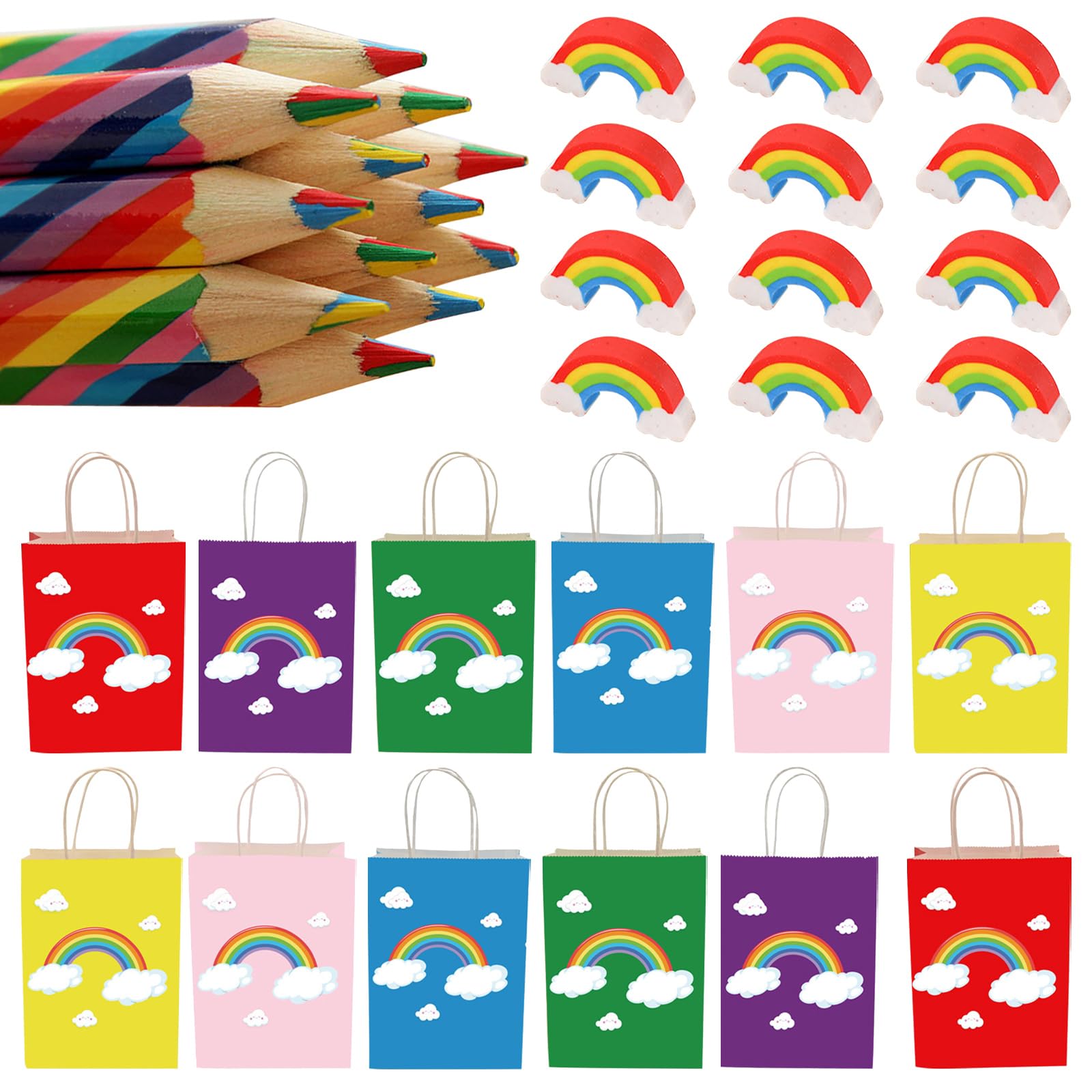 Eymobad 36 Piece Rainbow Party Bag Set, 12 Rainbow Pens, 12 Rainbow Gift Bags and 12 Rainbow Erasers, 4 in 1 Colouring Pencils for Children Adults School Crafts