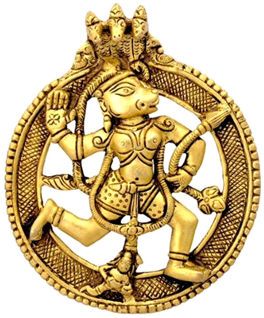 Purpledip Brass Wall Hanging Statue Plaque: Hanuman Bajrang Bali during Lanka Dahan (11980)