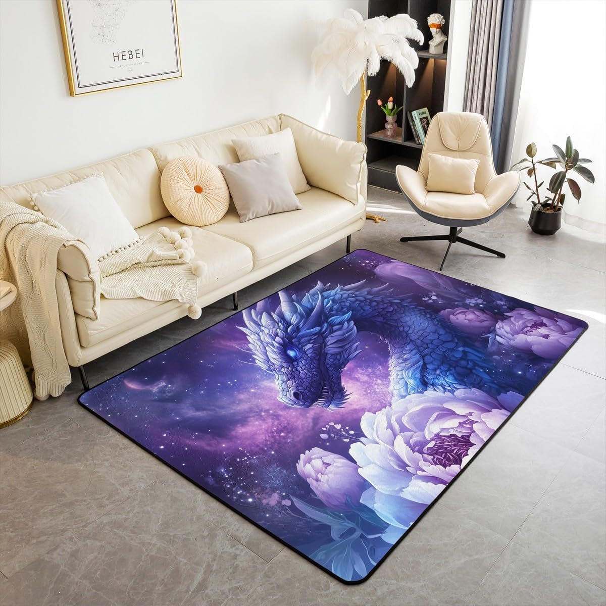 Erosebridal Dragon Area Rug 3x5, 3D Animals Printed Carpet, Safari Wildlife Flowers Non Slip Indoor Floor Mat for Bedroom Living Room, Black Purple Nebula Galaxy Kids Boys Washable Decorative Rug