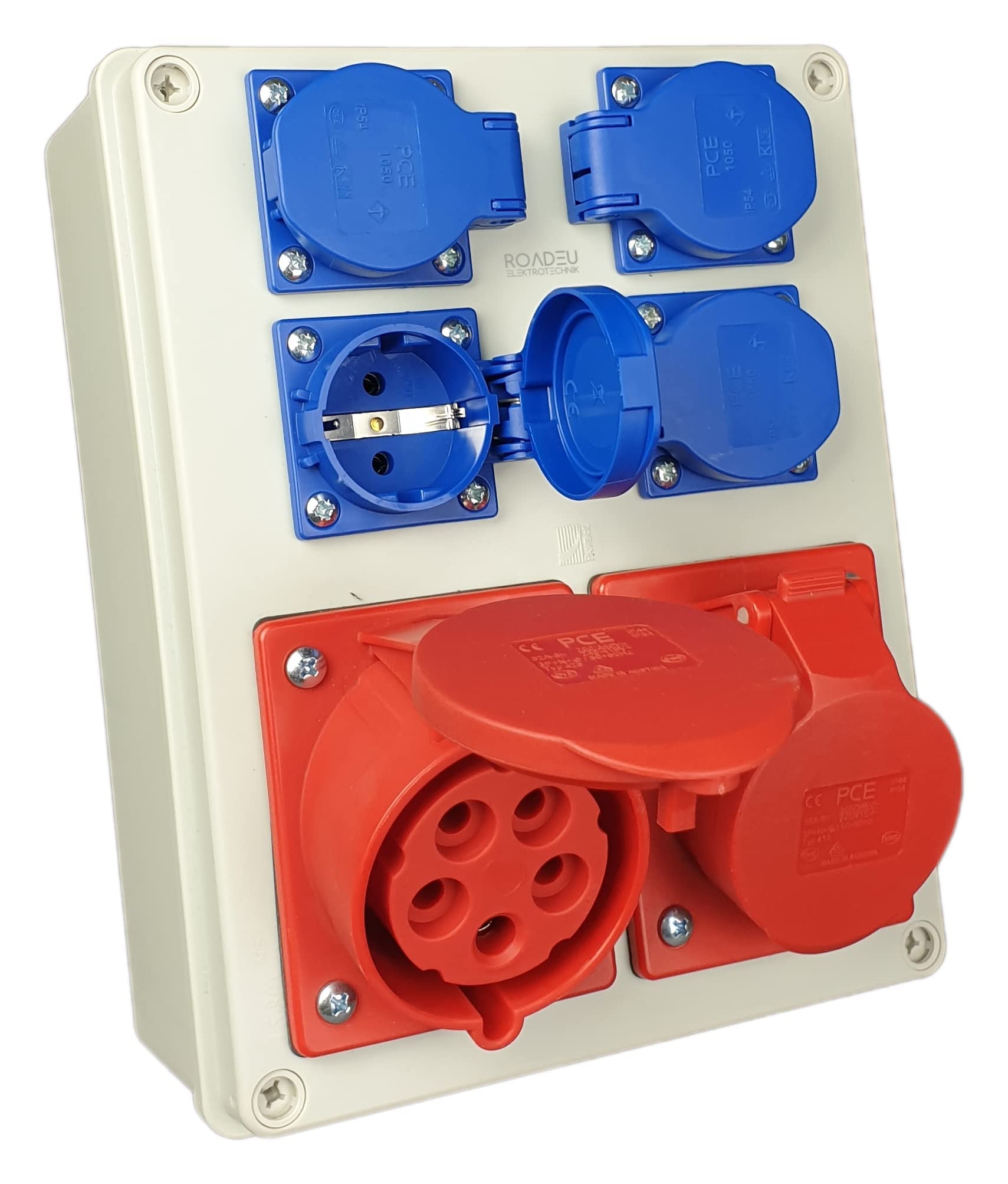 RoadEu - CEE stroomverdeler 32 A - 5-polige stekker op 3 x 32 A 5p stopcontacten - 400 V bouwstroomverdeler IP44 - robuuste mobiele energieverdeler voor werkplaats, industrie en buiten