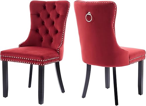 Miniatura 42 de Juego de 4 sillas de comedor de terciopelo, sillas de comedor tapizadas con ribete de cabeza de clavo, patas de madera, anillo de tracción, sillas