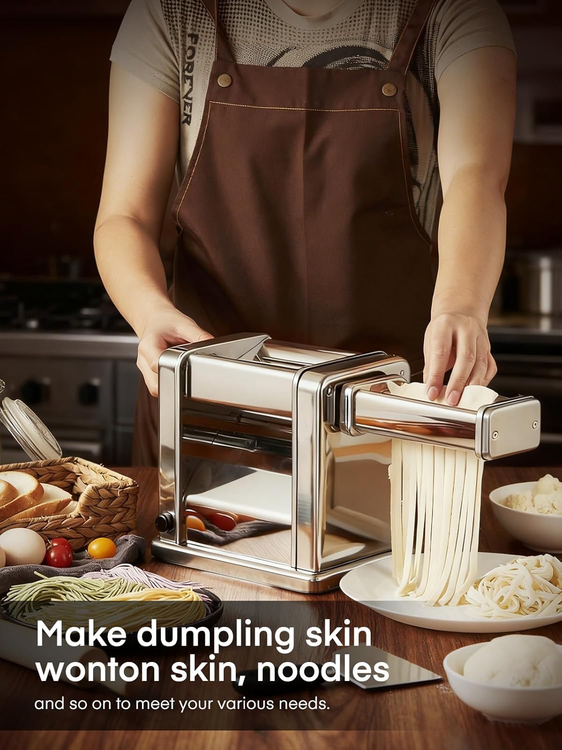 FOHERE Electric Pasta Maker Machine, Adjustable Thickness Noodle Maker for Spaghetti, Fettuccine, Lasagna & Dumpling Skins | 7-Level Customization, Food-Grade Stainless Steel, Easy Clean