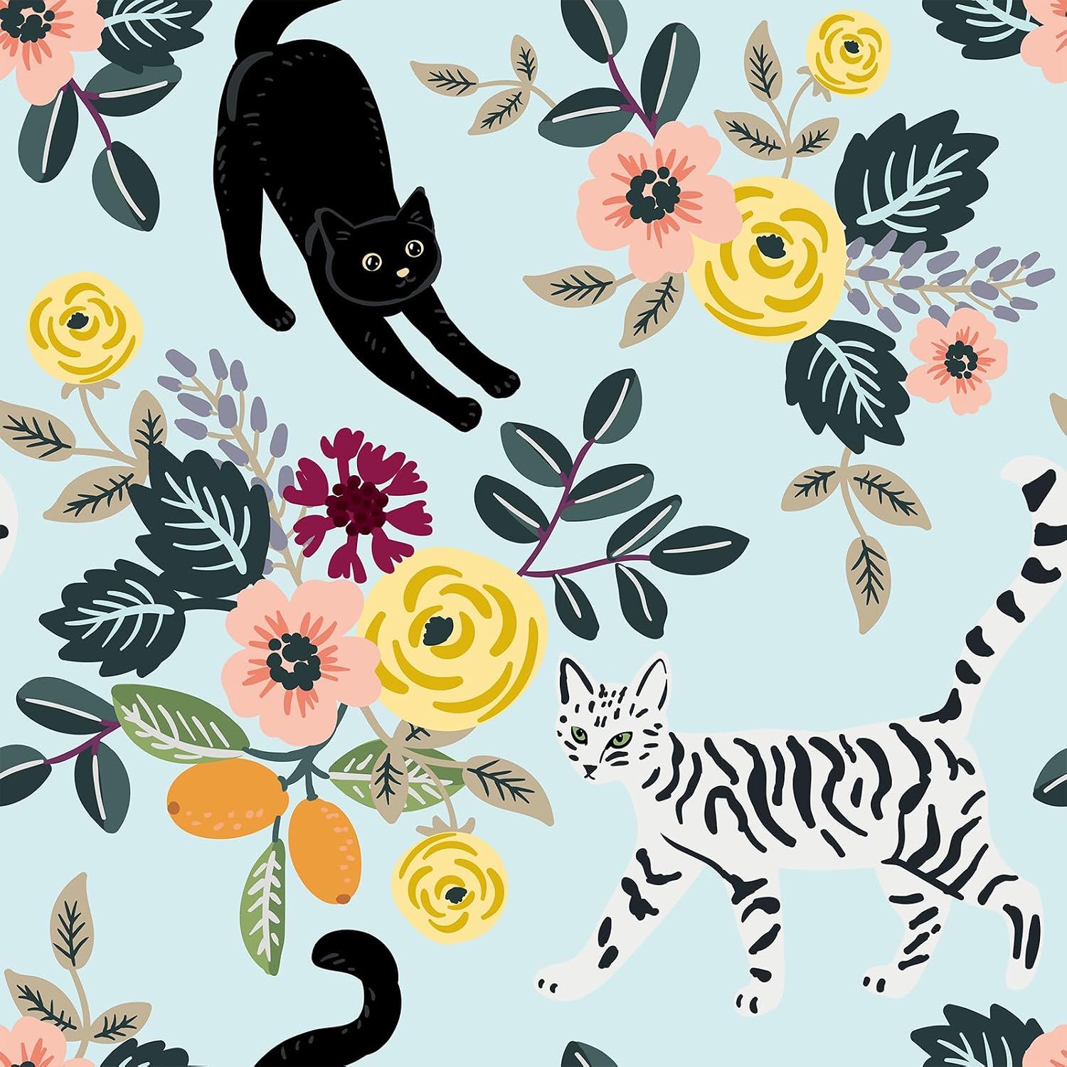 VEELIKE Blue Cute Cat Wallpaper Stick and Peel Animal Floral Wallpaper for Nursery Kids Room 17.7''x118'' Removable Cat Murals Contact Paper Blue Floral Wall Paper for Bedroom Bathroom Walls Cabinets