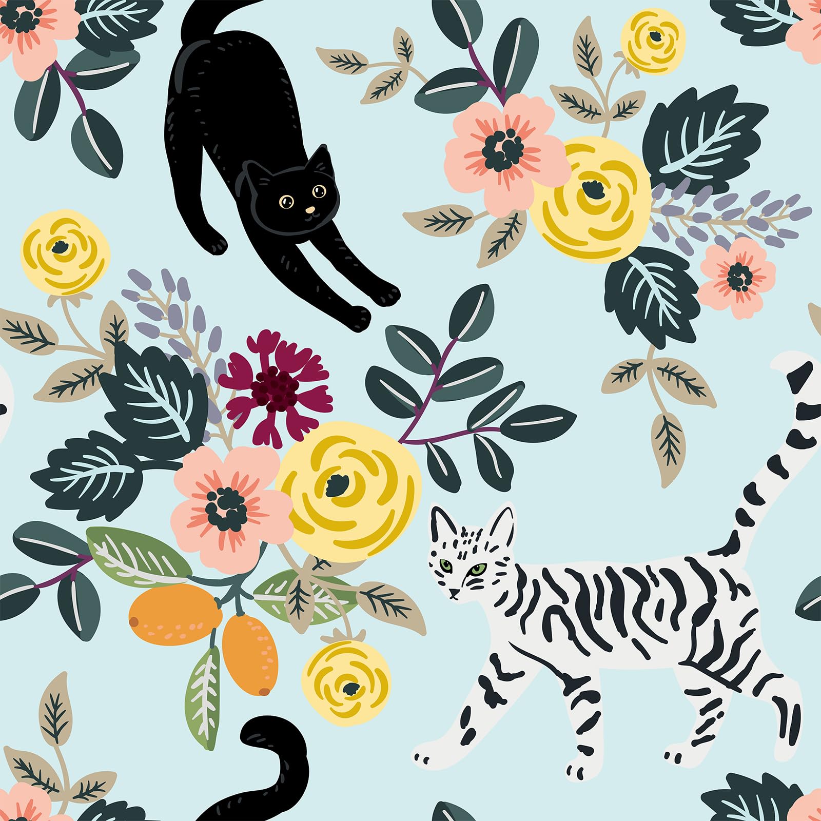 Papier peint fleuri bleu et chatons pour décorer une chambre d'enfant