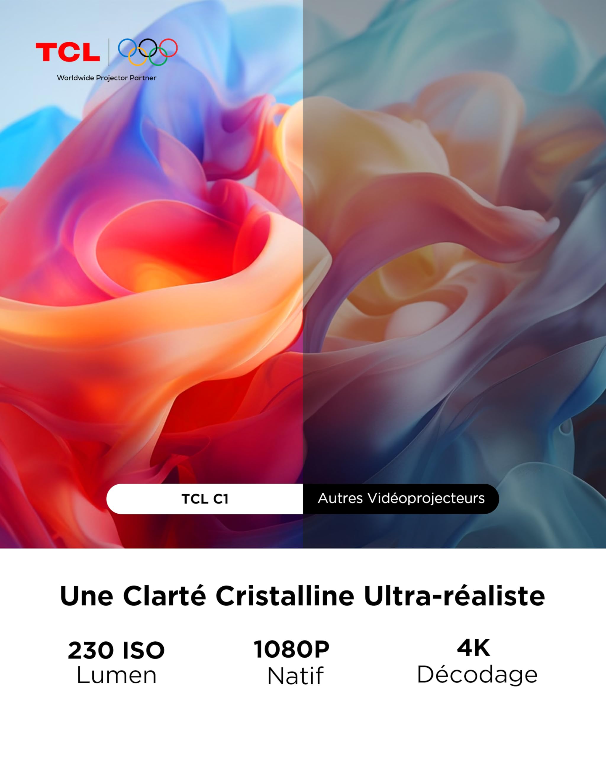 TCL C1 Videoprojecteur 4K Compatibilité, Natif 1080P, Audio Dolby 8 W, Netflix Certifié, Smart Google TV Intégré, Auto Focus/Keystone, Wi-FI Bluetooth, Pivotant à 285° Mini Projecteur Video Portable