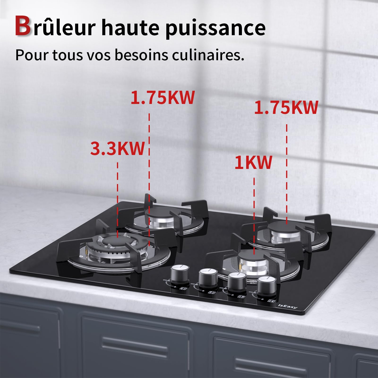 Plaque de Cuisson Gaz 4 Feux 60cm - Cuisinière Encastrable Gaz Ville et Bouteille (4 Brûleurs Verre)