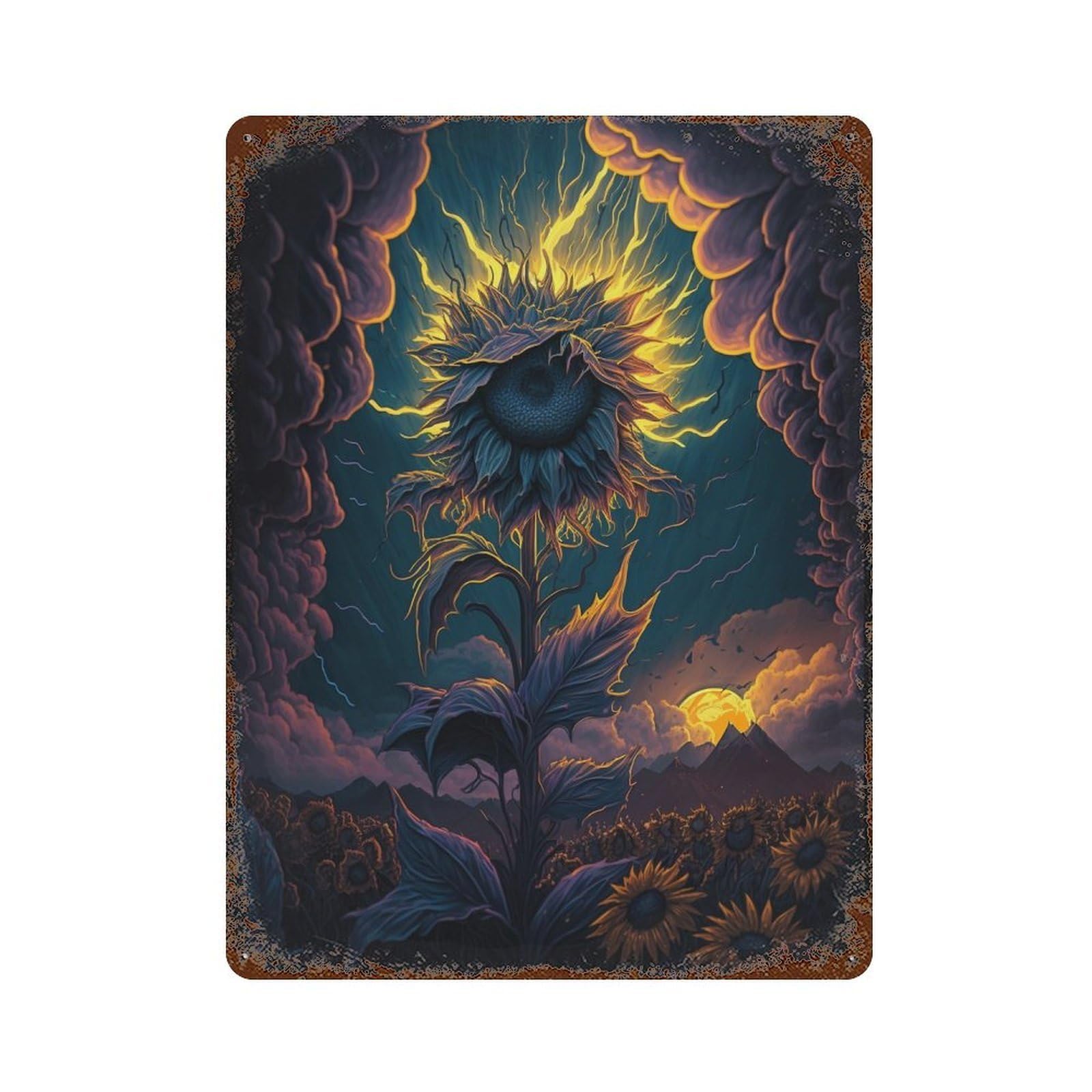Electric Sunflower Field Aged Metal Wall Plaque 15.7"x11.8", for Pub, Kitchen And Man Cave Decor, Decorative Metal Wall Art