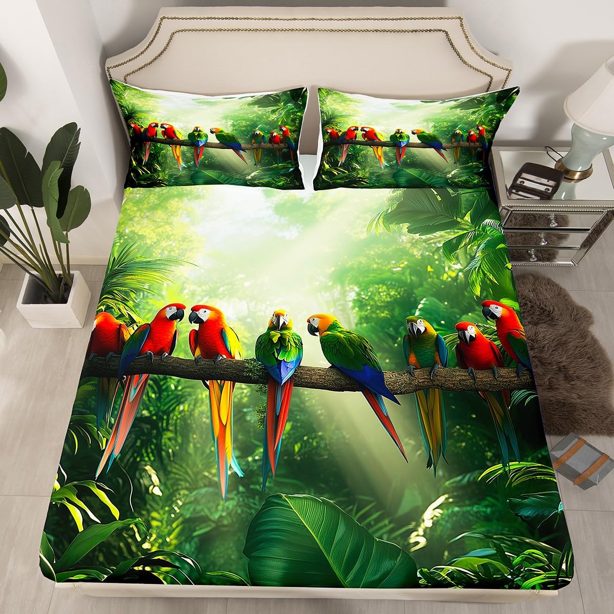 Erosebridal Colorful Parrot Full Bed Sheets Green Jungle Birds Fitted Sheet for Kids Boys Girls Bedroom Decor,Botancial Nature Tree Branches Bedding
