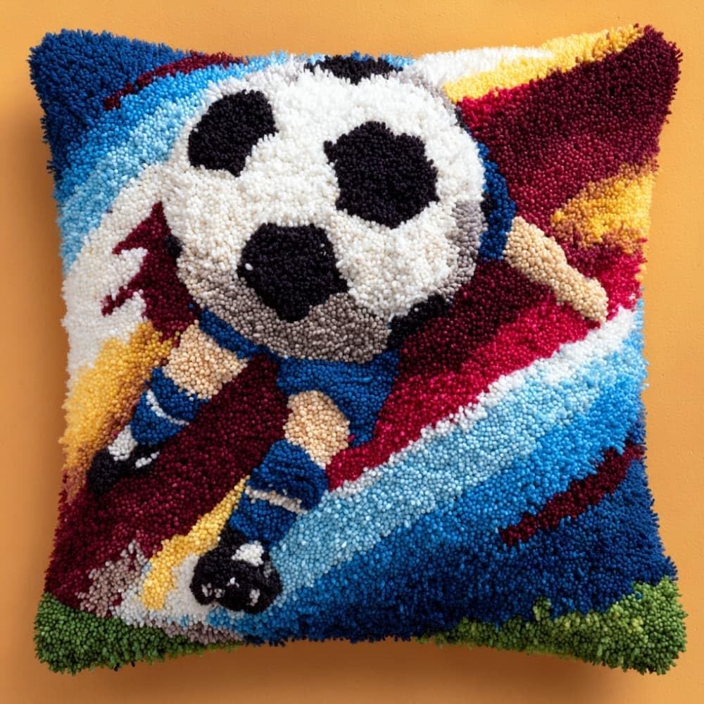 Taxpy DIY Latch Hook Pillow Kit Pre-Printed Hook and Latch Rug Kits Soccer 17X17 Inch.Cross-Stitch Embroidery Cushion Cover for Home Sofa Decoration