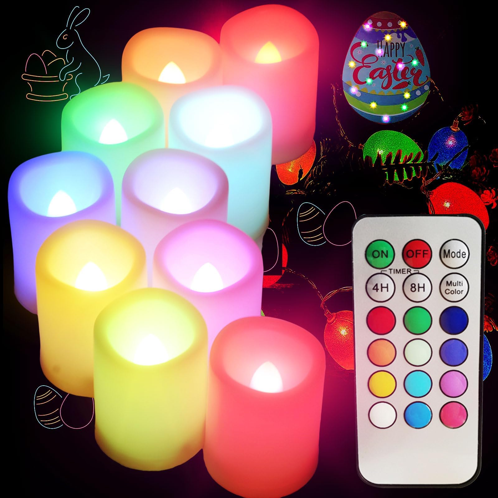 SWEETIME Colored Flameless Votive Candles with Timer-Color Changing Led Tea Light,Battery Operated RGB Votive Candles,Rainbow Tealights Party Decor,1.5"x 2",Set of 10