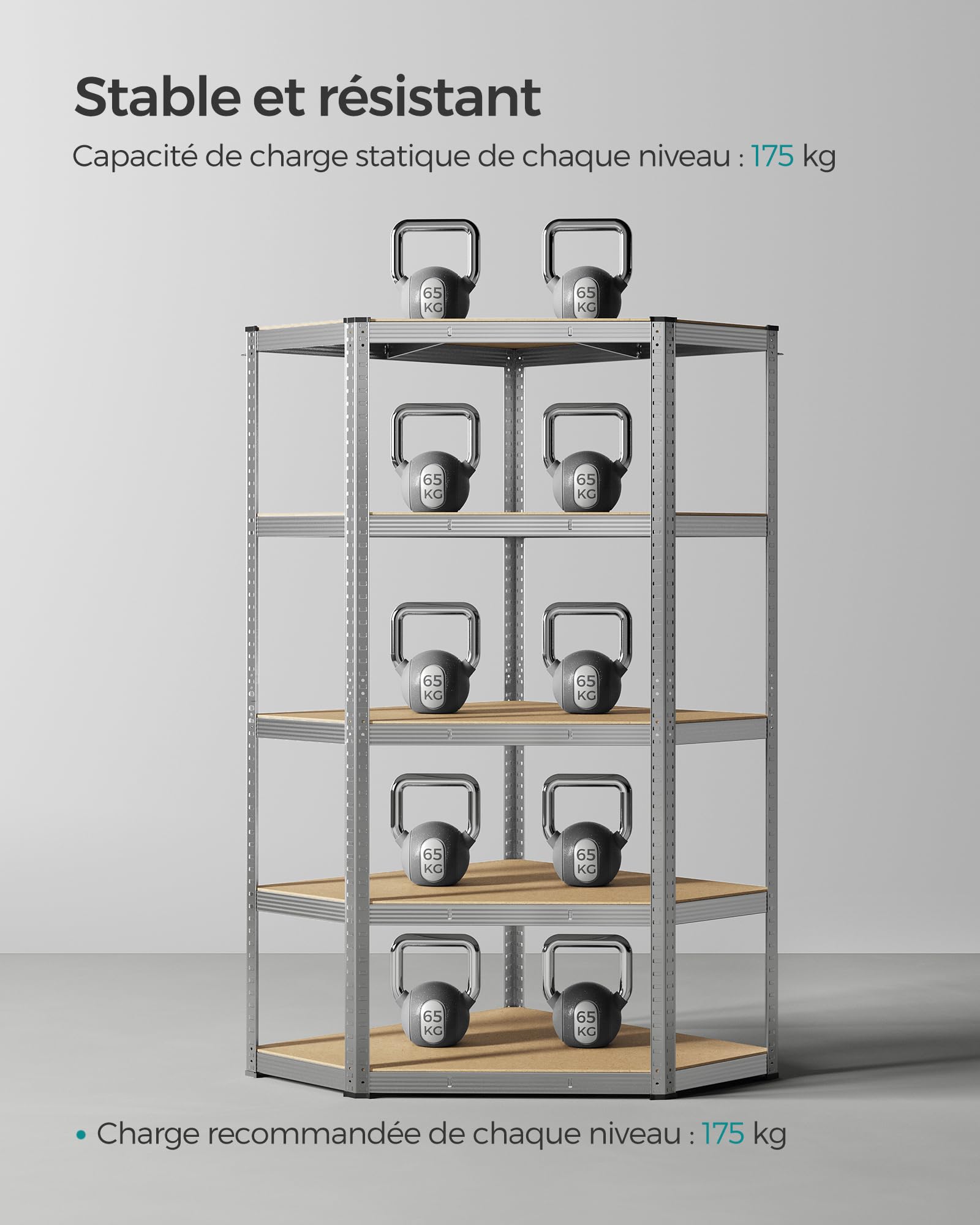 SONGMICS Étagères d’Angle à 5 Niveaux, Étagères de Rangement en Acier, Charge Lourde, Garage, Entrepôt, Capacité de Charge 875 kg, Argent et Beige Naturel GLR080E01