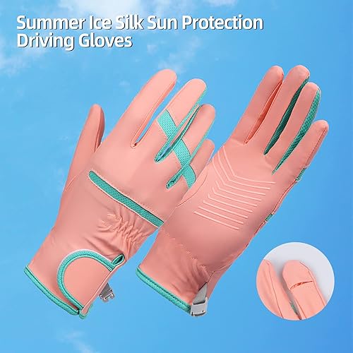Miniatura 2 de 1 par de guantes de conducción de seda de hielo de verano con cinta de cierre ajustable, guantes de protección solar para mujer, con punta de dedos