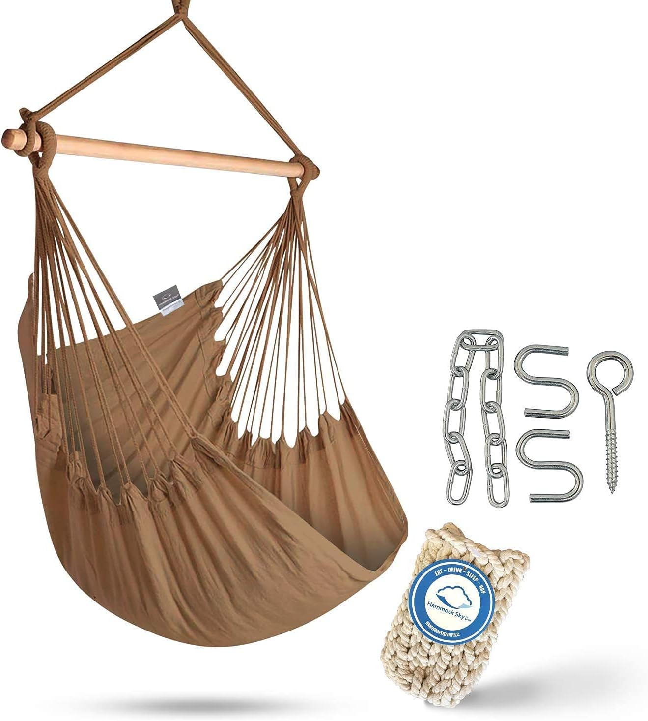 Hammock SkyXXL Hammock Chair Swing - Perfect for Patio, Porch, Bedroom, Backyard, Indoor & Outdoor - Includes Hanging Hardware + Portable Cup Holder (Iced Coffee)