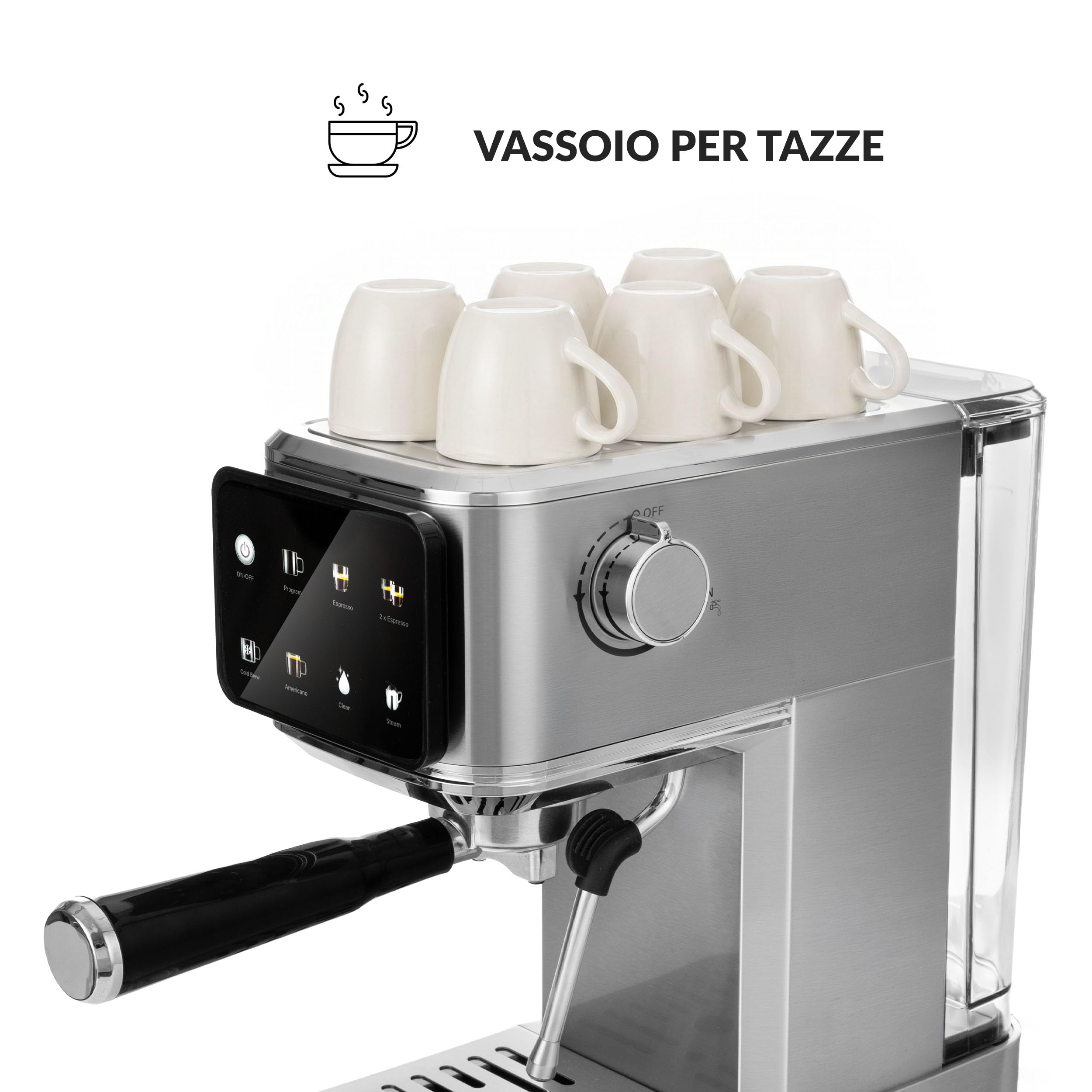 LEHMANN Bellagio Macchina Espresso 20 Bar con Montalatte | Per caffè macinato e capsule da 37 mm, display LCD touch, Cold Brew, Americano, serbatoio acqua 1,2 L