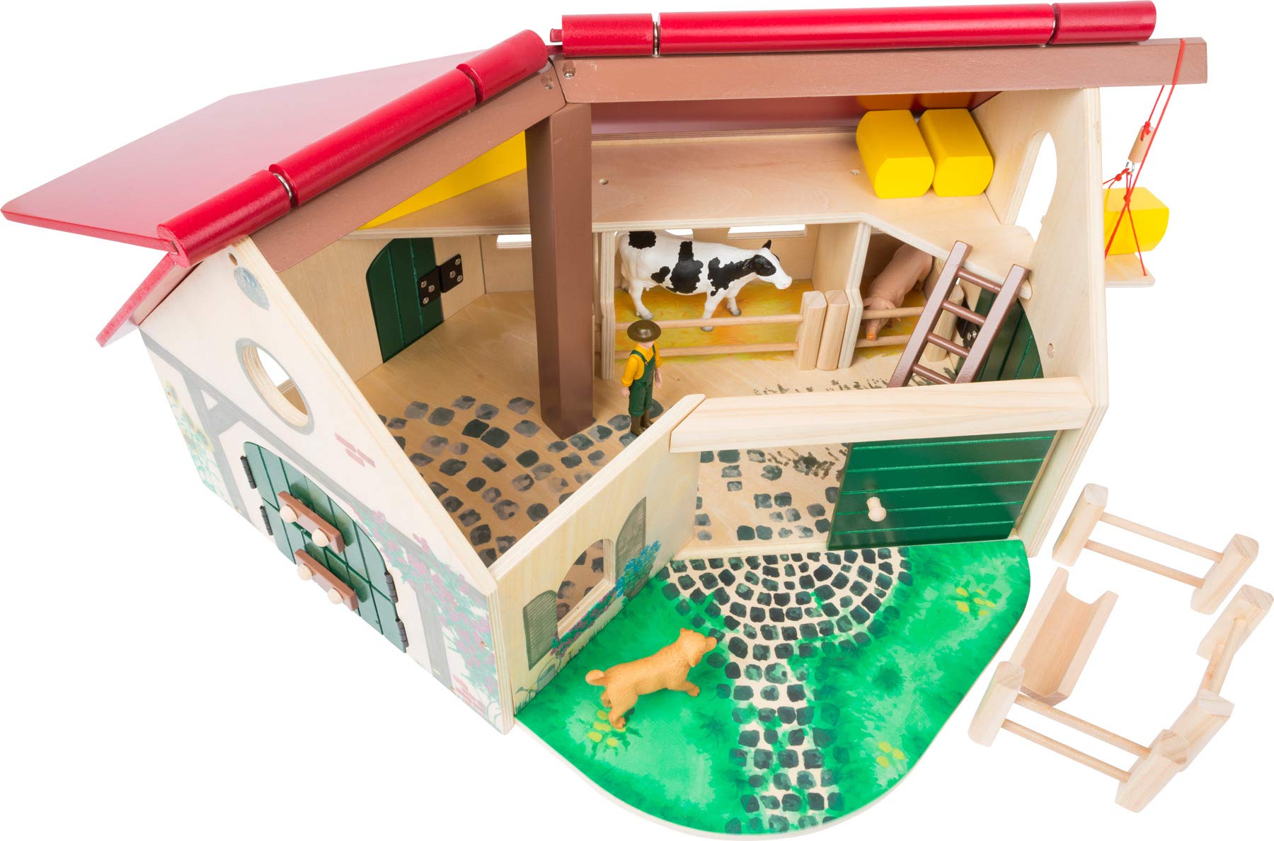 small foot company- Granja Woodfriends Hecha de Madera certificada FSC 100%, con Techo abatible Juguetes, Multicolor (small foot by Legler 11005) , color/modelo surtido