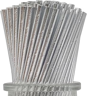 Metallic Silver Party Straws, Disposable Extra Durable Foil Solid Silver Paper Drinking Straws Bulk for Wedding Party Decoration, 7.75" x 0.24", Pack of 100