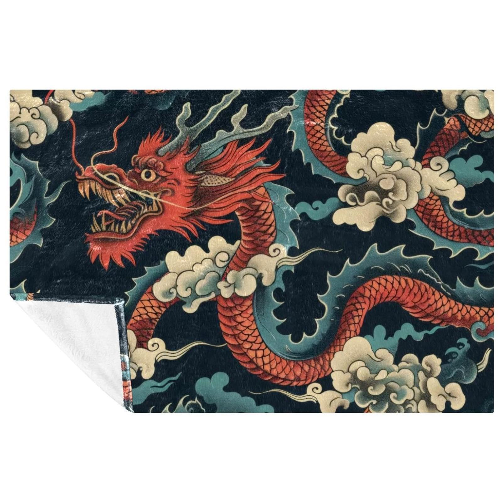Couverture dragon chinois bleue douce et chaude pour un hiver cosy