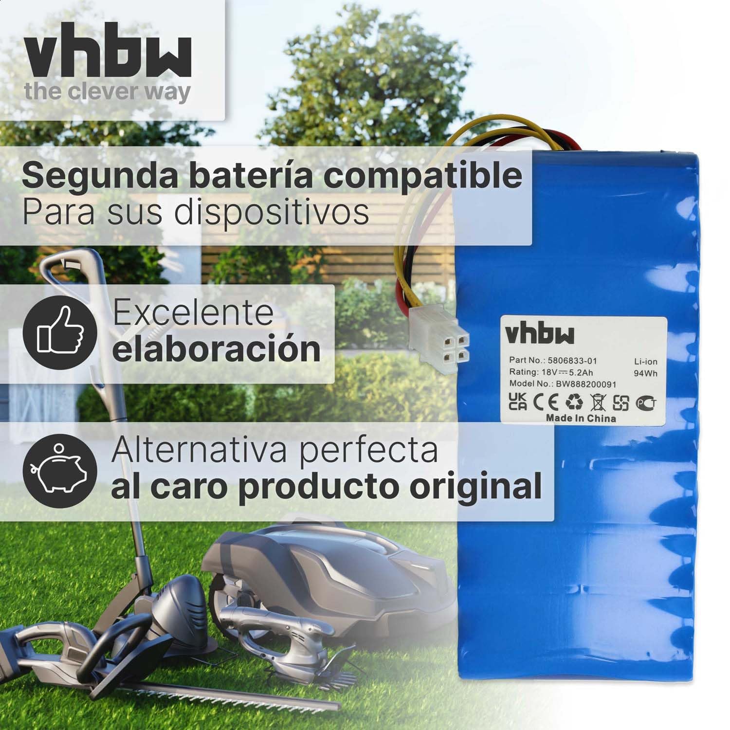 vhbw Batería (Pack) Compatible con Husqvarna Automower 550 (hasta 2019/2020), 520 (hasta 2019/2020) Robot cortacésped 5200mAh 18V Li-Ion