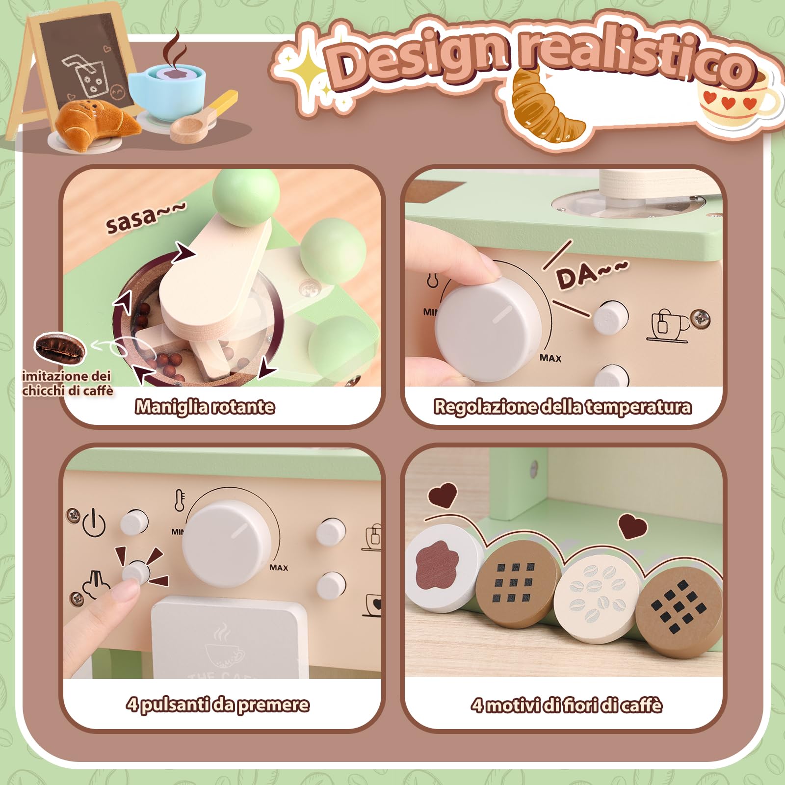 VBACALA Macchina da Caffè in Legno per Bambini,14 Pezzi Macchina da Caffè Espresso con Suoni e Bottoni,Accessori Cucina Bambini in Legno,Torta e Croissant in Tessuto,Regalo adatto a bambini dai 3+anni