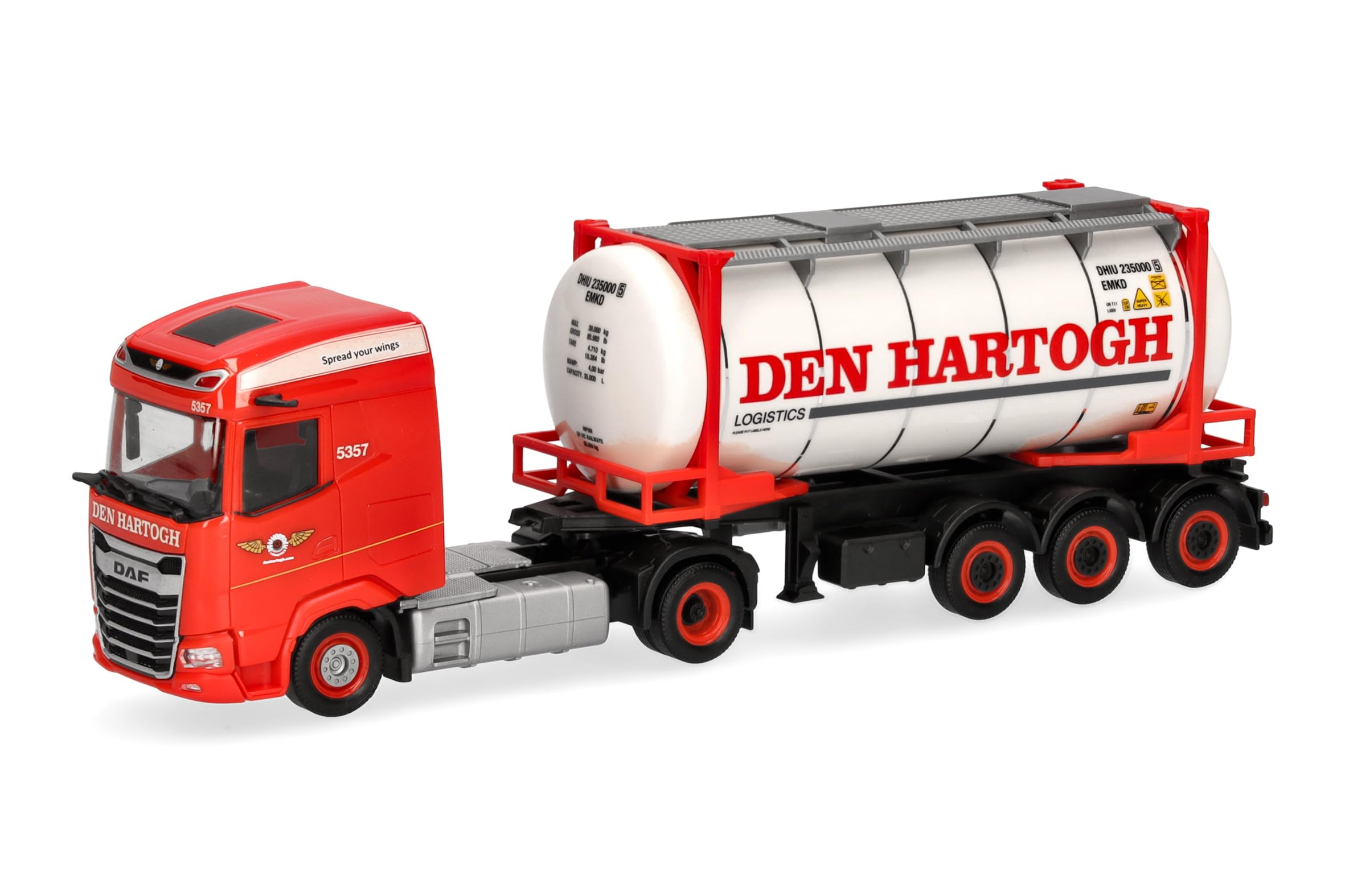 Herpa truck model DAF XG tank container semitrailer "Den Hartogh" (Netherlands), on a scale of 1:87, plastic miniature, made in Germany, model building, collectors edition