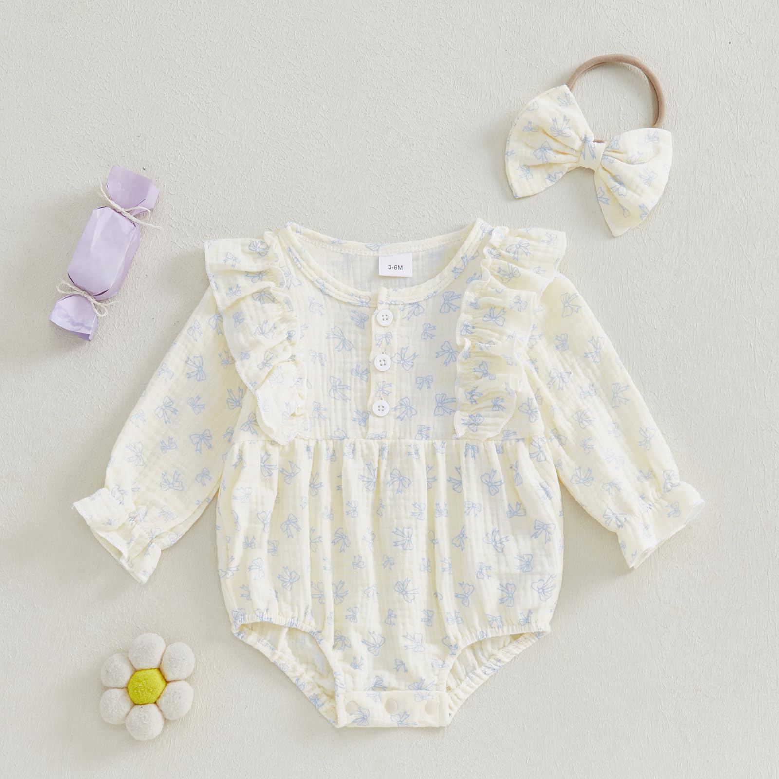 YINGISFITM Newborn Baby Girl Clothes Ruffle Bow Print Long Sleeve Bubble Romper Infant Bodysuit Fall Cute Outfits (Blue-Bow Romper, 3-6 Months)
