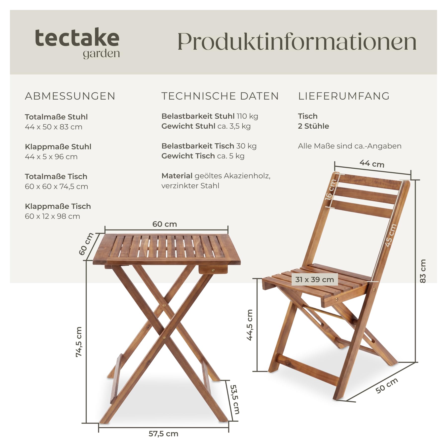 tectake® Bistroset für 2 Personen, klappbar, wetterfestes Akazienholz, Massivholz, vormontierte Bistrogarnitur, Belastbarkeit Stuhl 110 kg, Gartenmöbel Set, Balkon Möbel, Terrassen Möbel, Sitzgruppe
