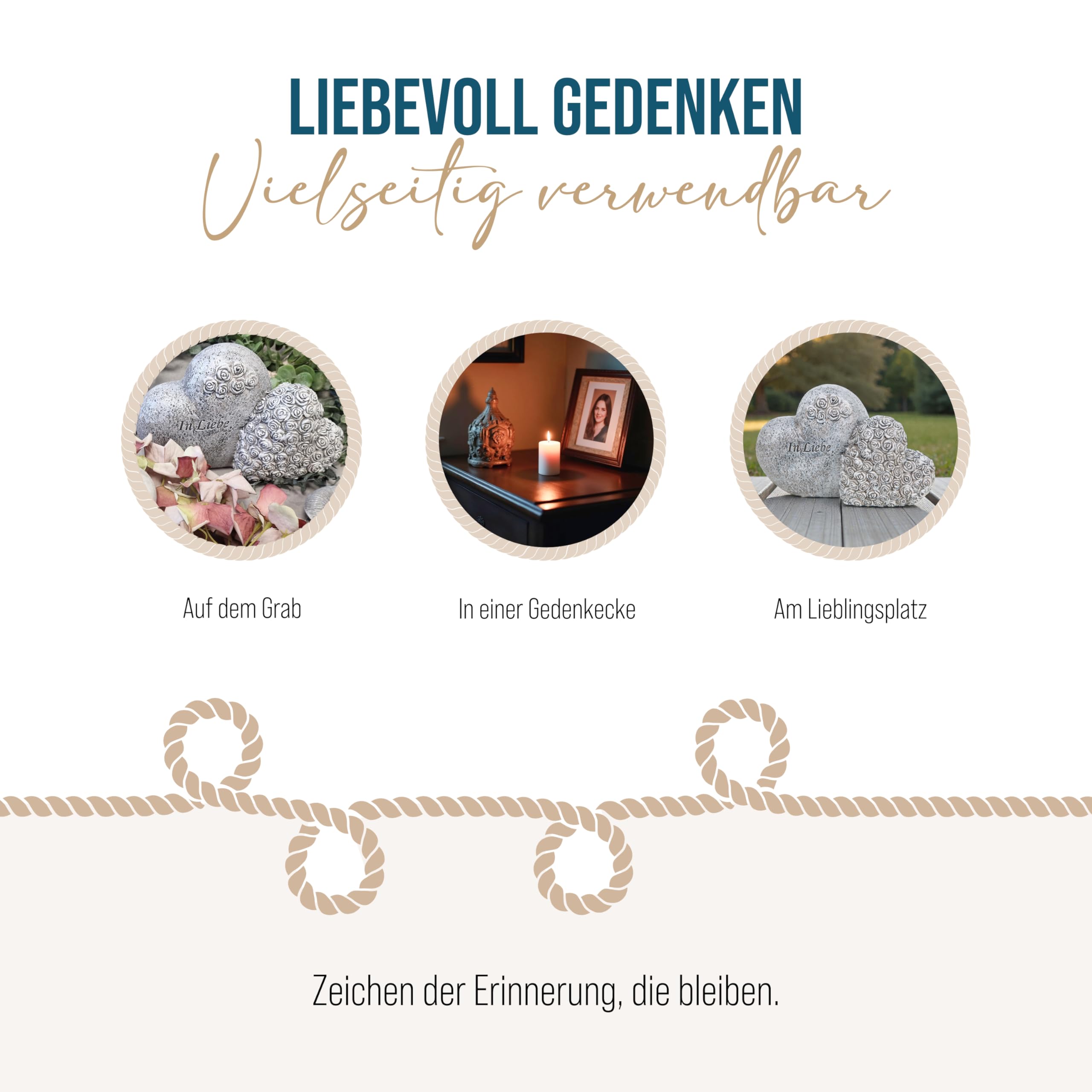 Grabdeko verbundene Herzen: Grabschmuck Wetterfest, Trauerherz mit Rosen & Inschrift, Deko Friedhof, Grab & Urnengrab, Gedenkstein Rose, Dekoration Trauer, Allerheiligen & Totensonntag, 20 x 8 x 13 cm