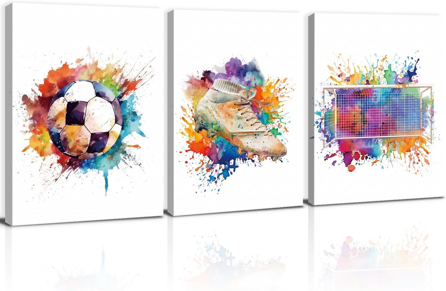KAIRNE 3 pósteres de fútbol de acuarela para habitación de los niños, murales de fútbol con marco, imágenes de fútbol para habitación de niños, cuadro deportivo para dormitorio, adolescente, sala de