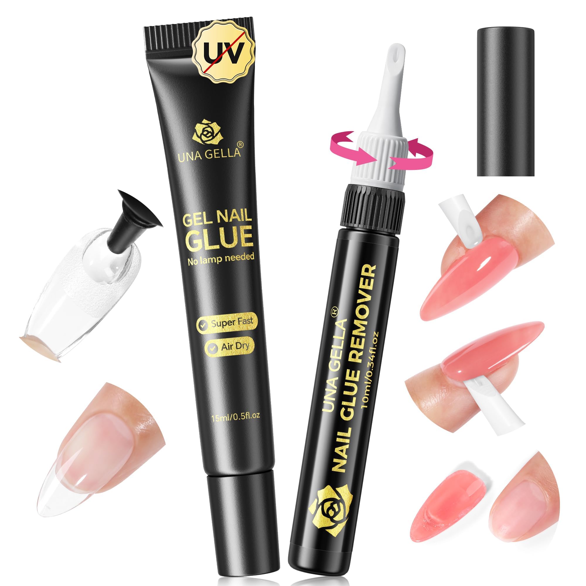 UNA GELLA 15 ml Semi Solid Nagelkleber mit 10 ml Entferner für Press-On-Nägel Keine Lampe erforderlich Starker Nagelkleber mit 2-in-1-Acrylnagelentferner Langlebiges Kunstnagel-Set