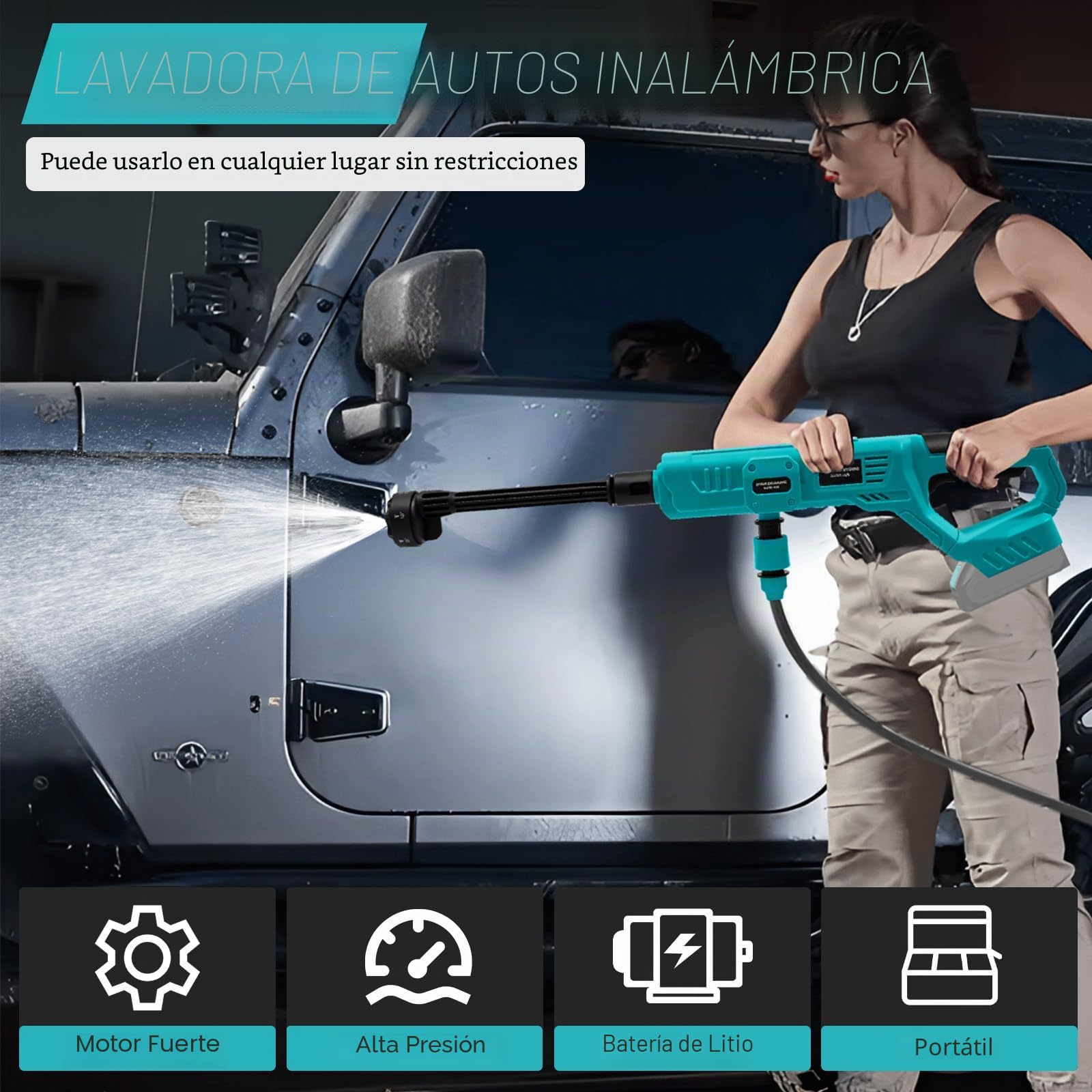 Roadtime Limpiador de Alta presión inalámbrico para Makita batería,Pistola de Limpieza portátil con línea de Agua de 5 m,Hidrolimpiadora Bateria con Boquilla 6 en 1 para Coches, Patios(sin batería)