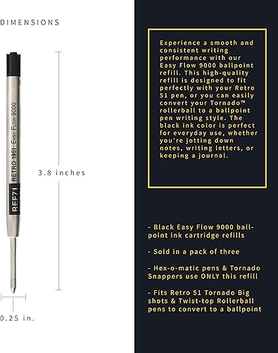 Miniatura 3 de Retro 51 Easy Flow 9000 - Recambios de bolígrafo, tinta negra, paquete de 3 – Diseñado en Alemania para una escritura suave, compatible con