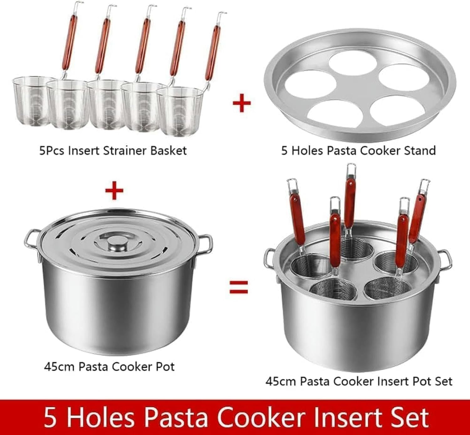 Pasta Pots Stainless Steel Cooker Insert Set, Commercial Stock Pot With Pasta Pot And Insert Strainer Steamer Basket For Home Kitchen Restaurant Cookware, 5 Holes