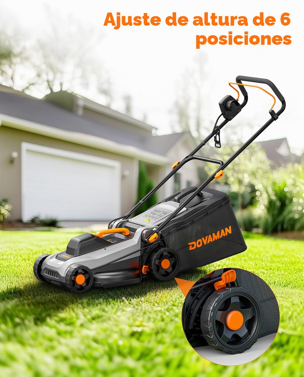 DOVAMAN LA36A Cortacésped Eléctrico 1500W, 36cm Corte, 95% Recogida, Altura 6 Posiciones, Cesto 40L, 2-en-1 Mulching & Recolección, Empuñadura Plegable, Ideal para Jardín & Cuidado del Césped