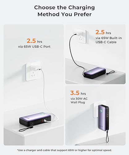 Miniatura 7 de Cargador portátil de batería  Batería para laptop de 65 W, enchufe de CA GaN 25000 mAh, cable integrado USB C, teléfono de carga rápida, compatible