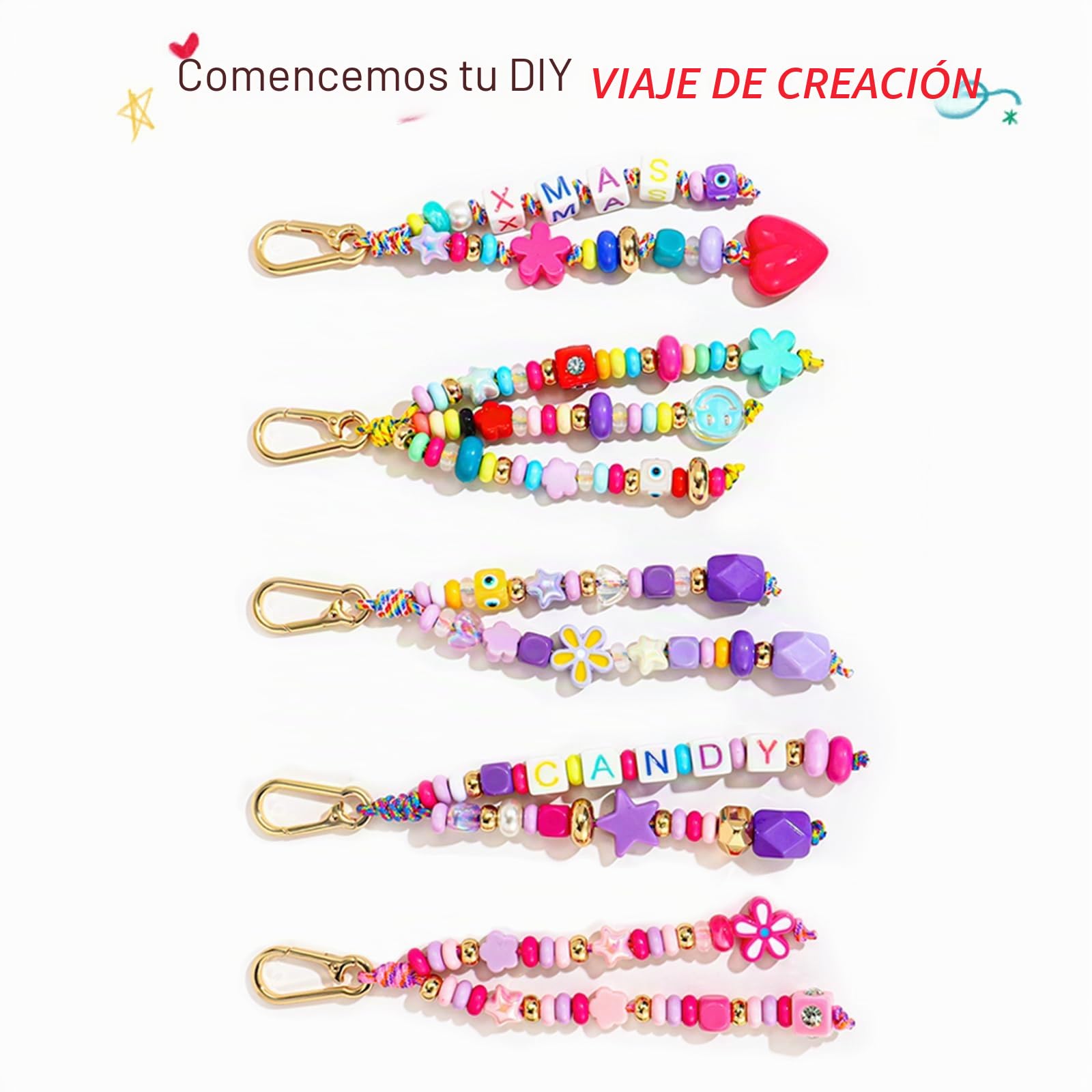 HolidayQbee Kit DIY de Llavero Personalizado y Charm Bolso - Juego de Cuentas con Formas de Letras, Corazón, Flor y Estrella para Crear Accesorios Únicos (Niñas, Adolescentes y Adultos)