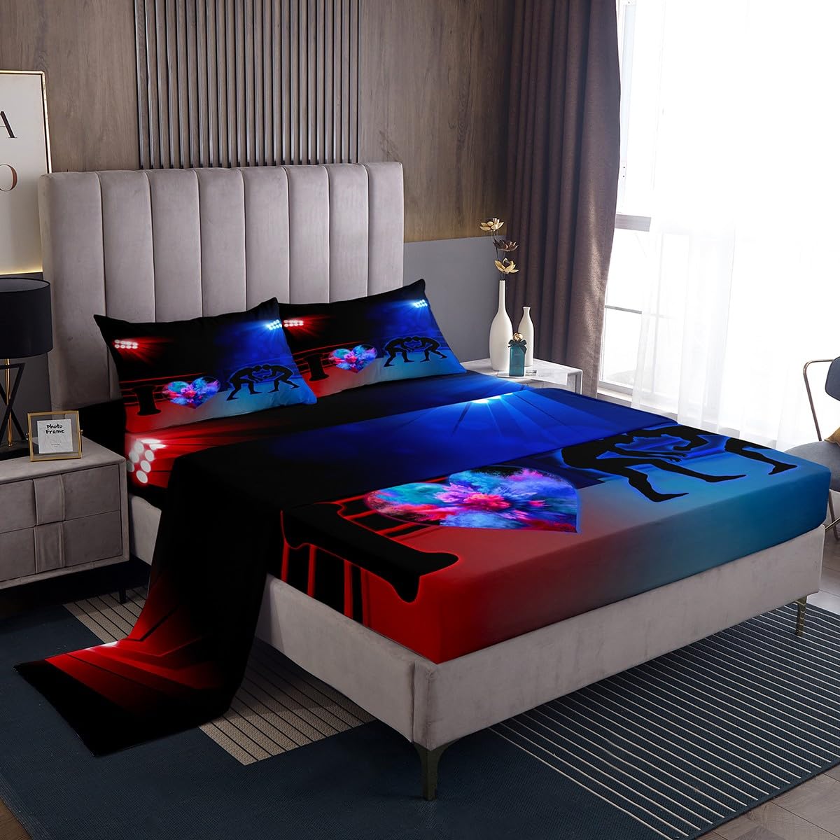 Taies d'oreiller et drap-housse à poche profonde pour parure de lit double rouge et bleu