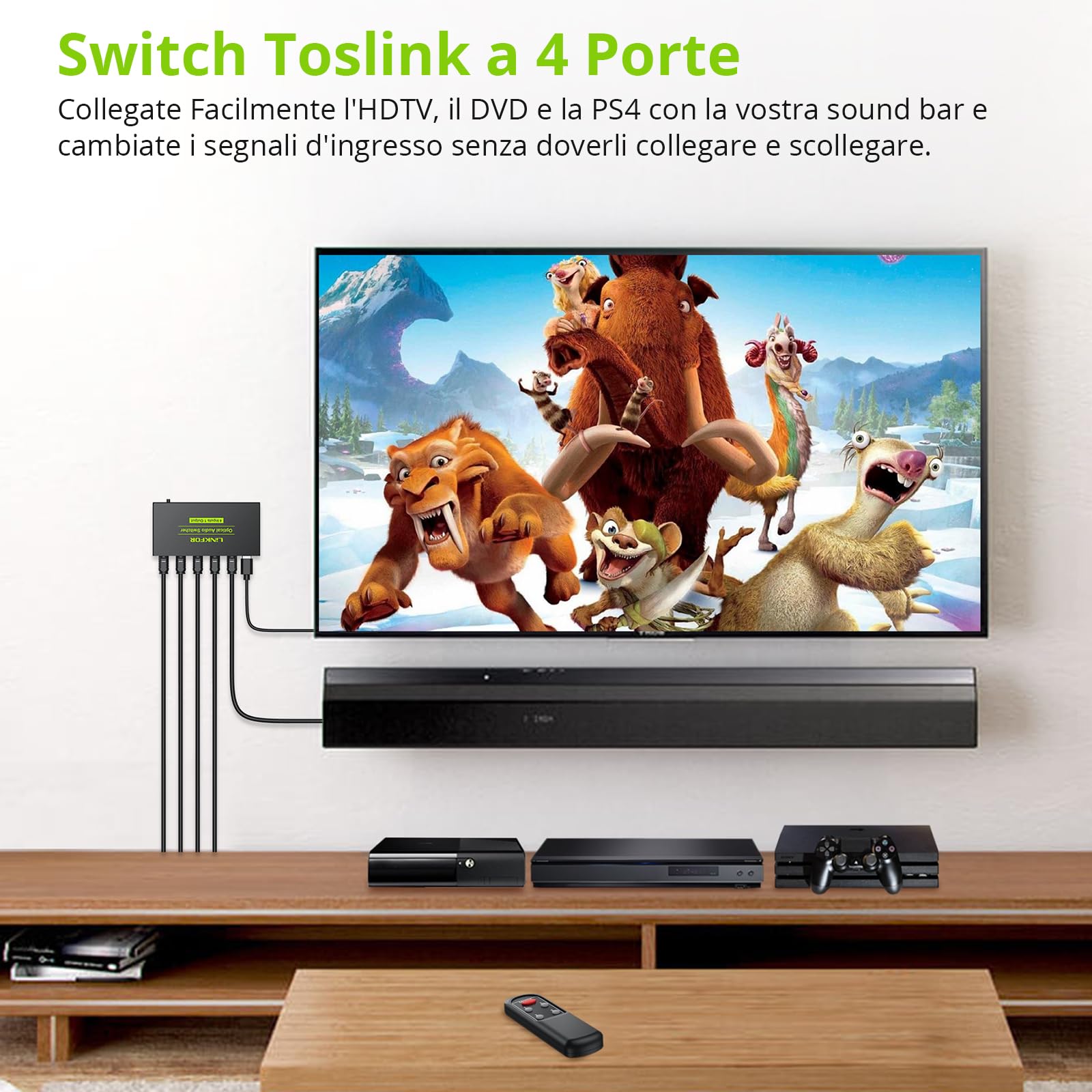 LiNKFOR 4x1 Switch Toslink SPDIF con IR Telecomando Supporto PCM2.0 DTS Dolby-AC3 Switcher Commutatore Audio Digitale 4 in 1 out in Lega di Alluminio Funziona Memoria con Cavo USB per PS3 DVD HDTV