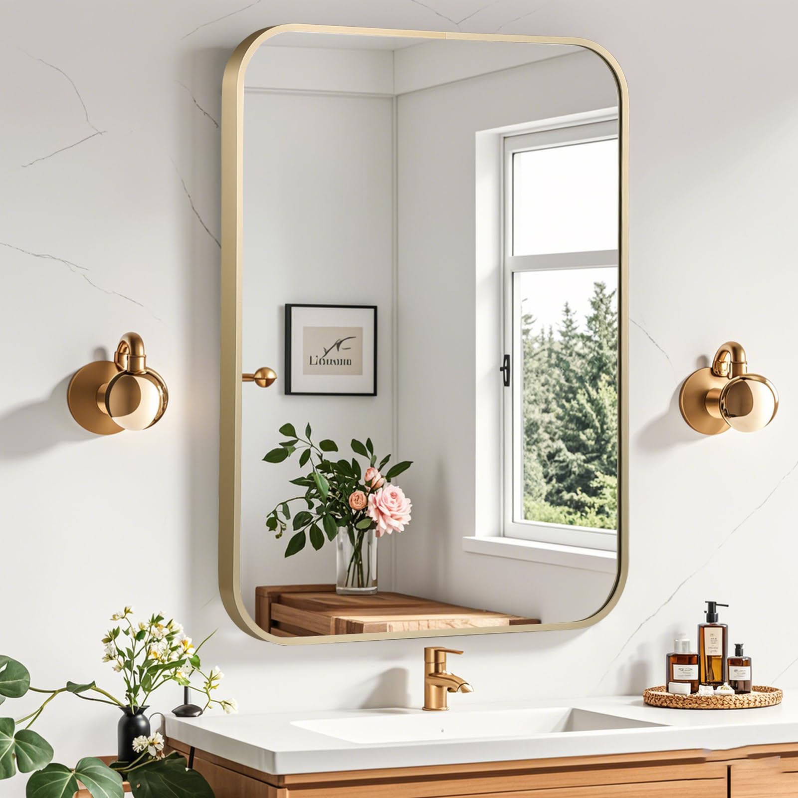 matte gold mirror, 24x32 inch brushed gold mirror, aluminum alloy framed vanity mirror, rounded rectangle bathroom mirror for over sink, anti-rust wall mirror (horizontally or vertically)