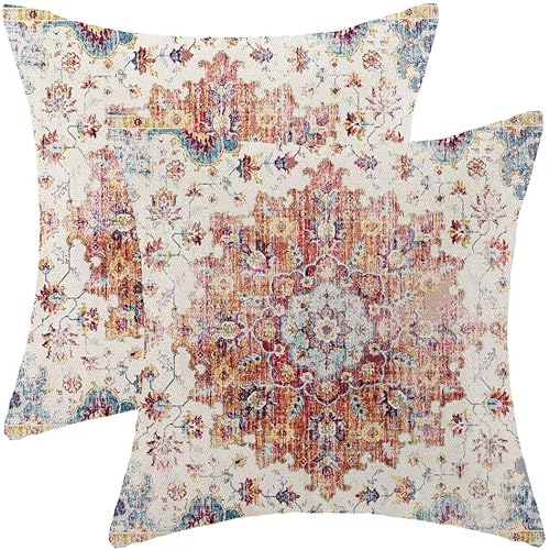 Sunshineyan Boho Pillow Covers 18x18 Set of 2, Blue Orange Bohemian Carpet Pattern Outdoor Decorative Throw Pillows Linen Ethnic Design Vintage Farmhouse Cushion Cases for Couch Sofa Decor