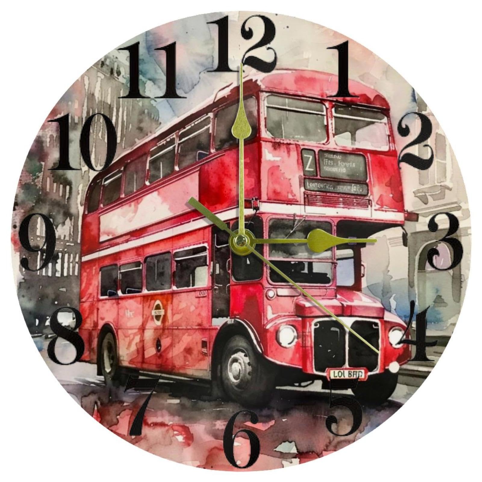Horloge murale vintage bus londonien ronde à quartz et silencieuse pour la décoration de cuisine