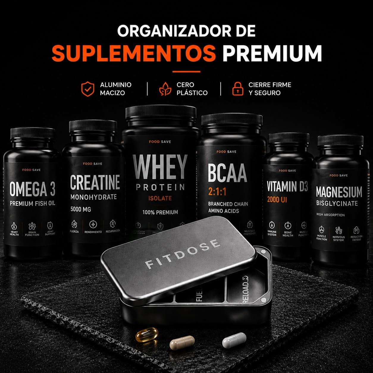 Pastillero Pequeño de Aluminio Macizo Premium – Organizador de Pastillas y Vitaminas Cero Plástico, con 3 Compartimentos y Cierre Magnético para Viaje