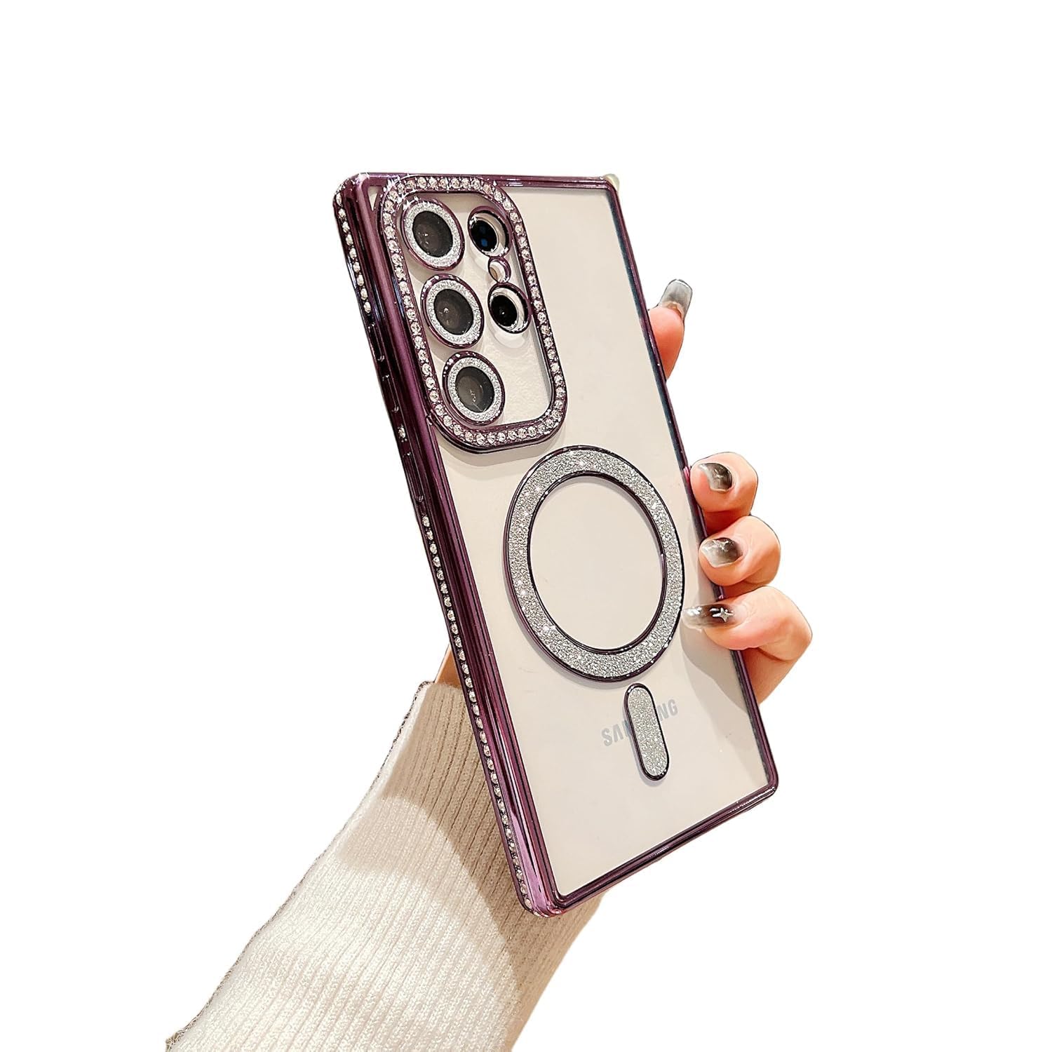 Cat Care for Samsung Galaxy S22 Ultra Magnetic Back Case Cover Slim fit with Stylish Glitter Diamond Camera Protector, Luxury Plating Bling Rhinestones Soft Bumper Clear Transparent Case (Purple) (B0DD5PV18H) Amazon Price History, Amazon Price Tracker