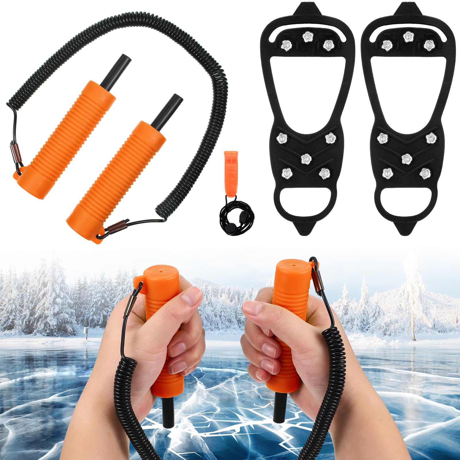 Soulchen Ice Safety Equipment Set 8 Zähne Nieten Eisklampen mit Picks Orange Whistle, Thermoplastisches Silikon Mangan Stahl, Anti-Rutsch für Winterangeln & Skaten